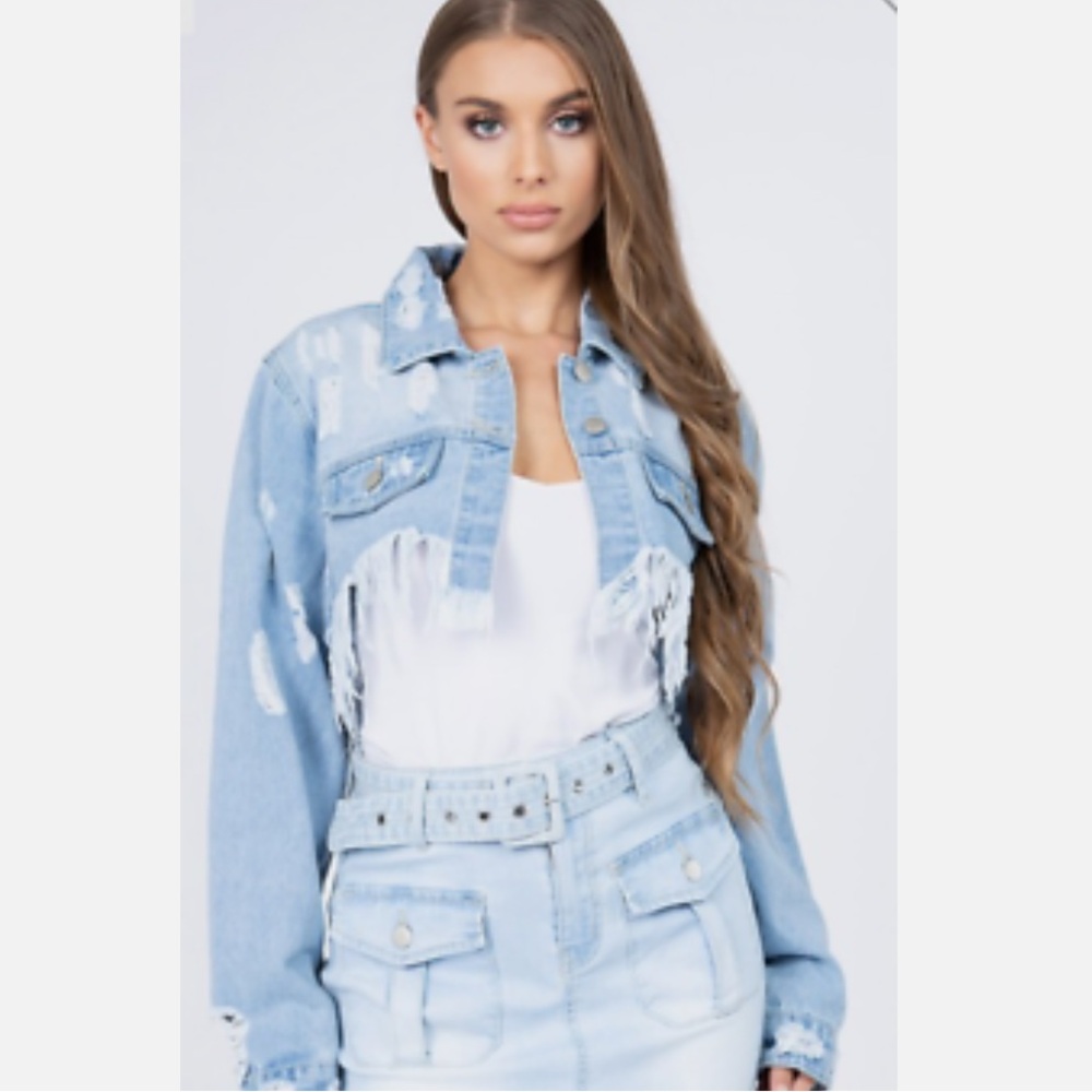 American Bazi Distressed Denim Jacket with Frayed Hem